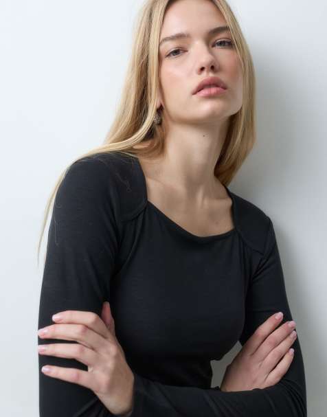 JDY square neck long sleeve top in black - view 1