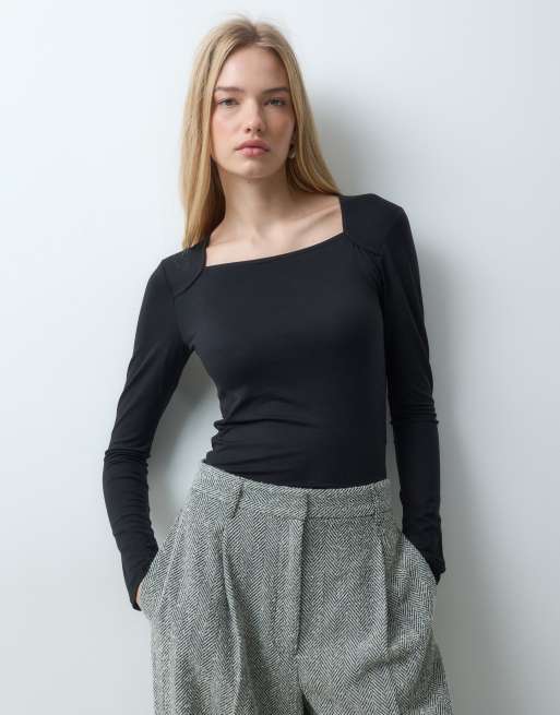 JDY square neck long sleeve top in black, 3 of 5