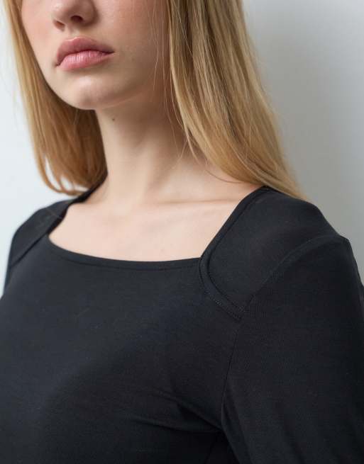 JDY square neck long sleeve top in black, 4 of 5