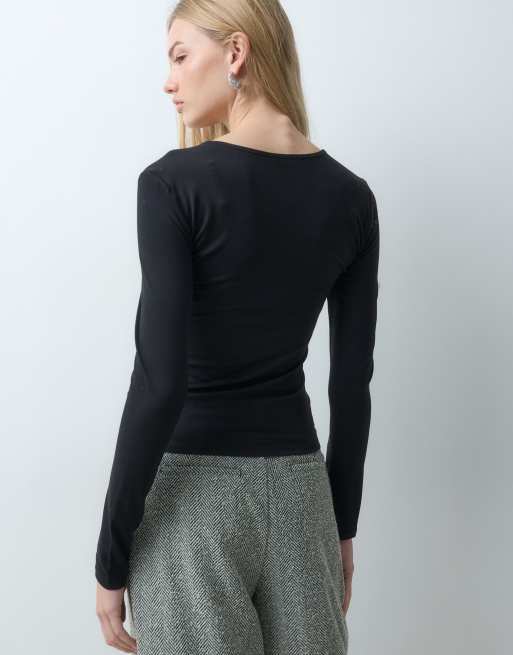 JDY square neck long sleeve top in black, 5 of 5