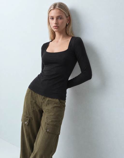 JDY square neck long sleeve top in black, 7 of 10