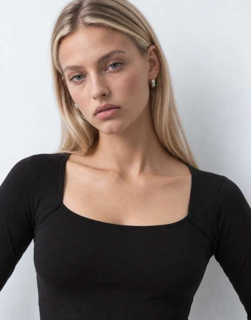 JDY square neck long sleeve top in black, 8 of 10