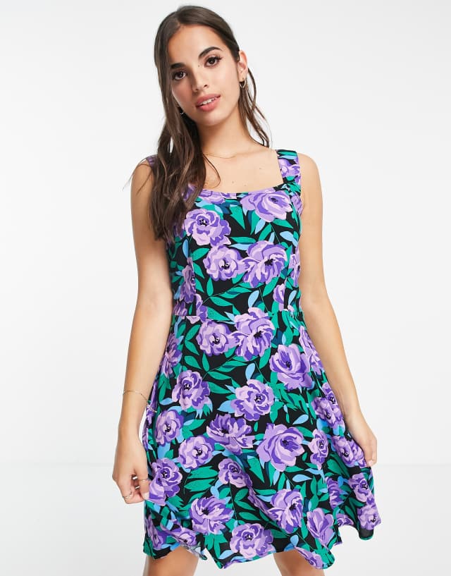 JDY square neck skater dress in purple floral print