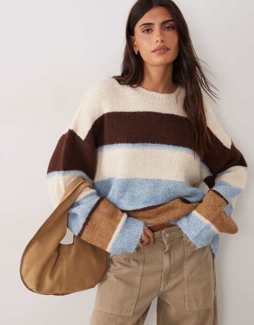 JDY stickad tröja med bruna och blå ränder, 3 av 4