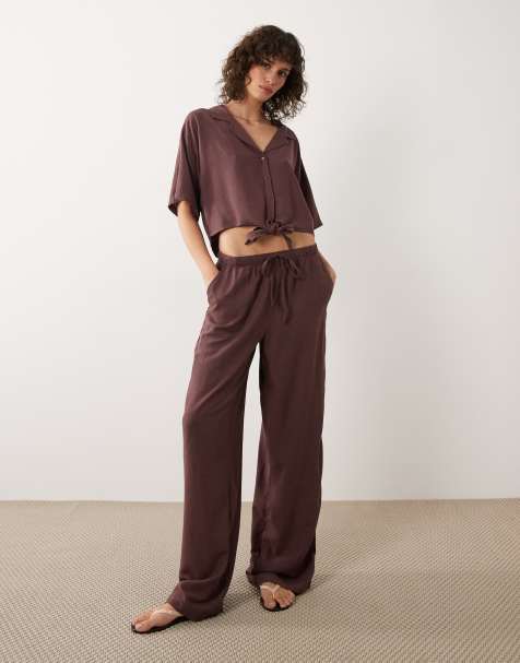 JDY straight leg linen mix co-ord trouser in burgundy