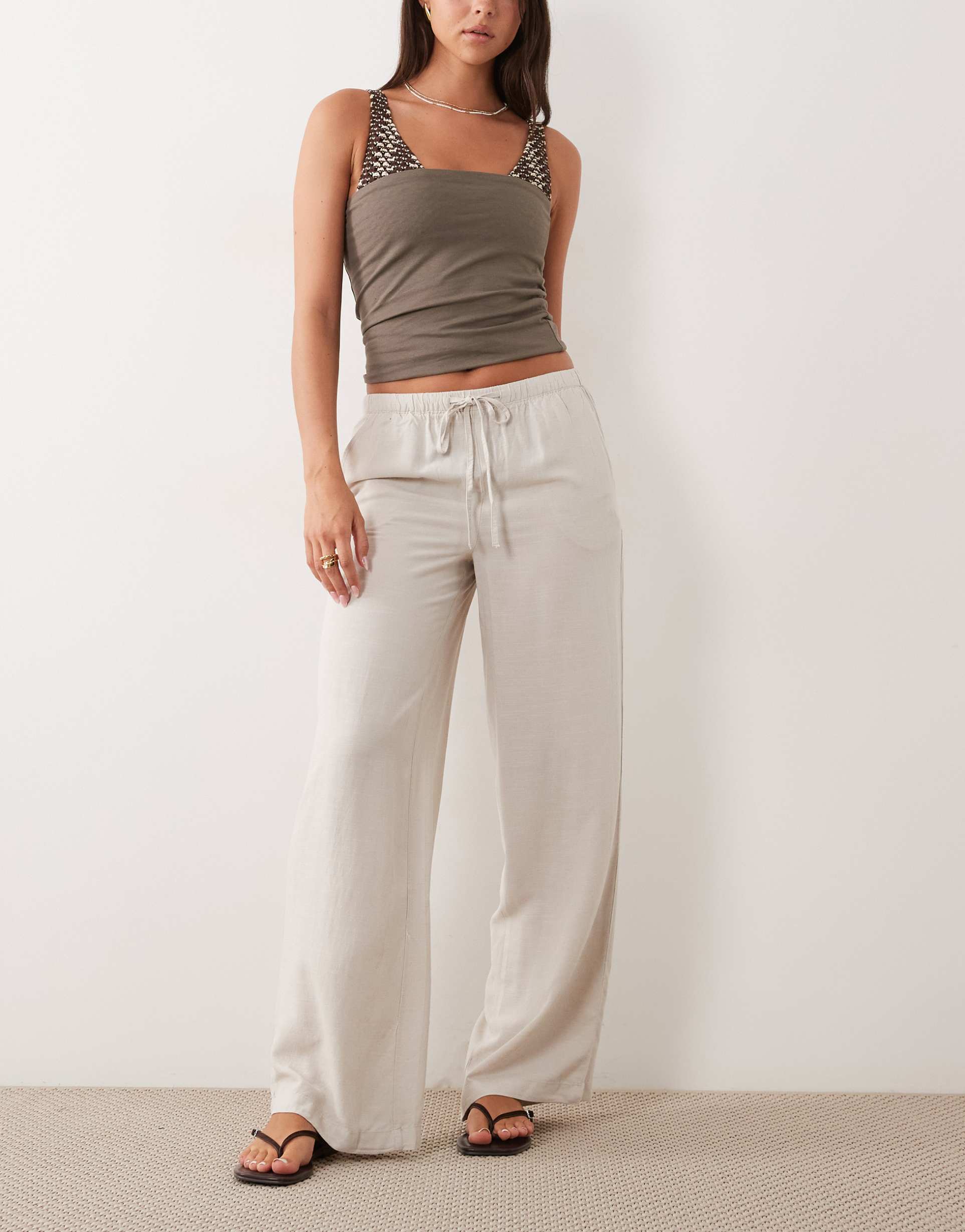 jdy straight leg linen mix pants in off white