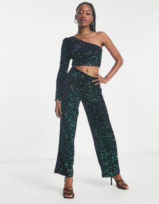 Shop Jdy Straight Leg Pants In Green & Black Sequins - Part Of A Set