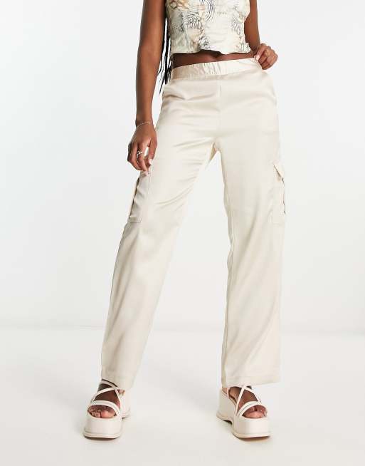 JDY straight leg satin cargo trousers in cream