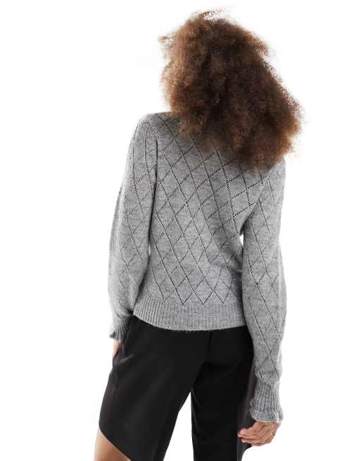 JDY – Strickjacke aus rautenförmigem Strick mit gekräuseltem Ärmelsaum in Grau meliert, 4 von 4
