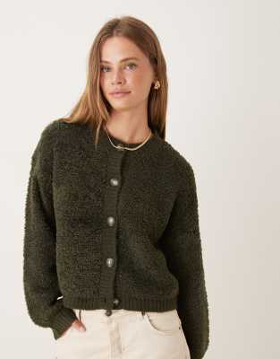 JDY - Strickjacke aus Teddyfell in Khaki-Grün
