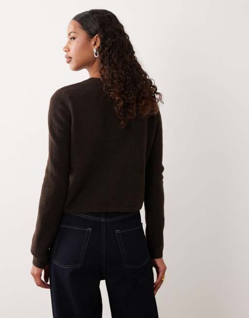 JDY – Strickjacke in Schokobraun mit Rundhalsausschnitt und Wollanteil, 4 von 4