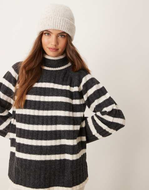 JDY – Strickpullover in Dunkelgrau gestreift mit Rollkragen und Trompetenärmeln - view 1