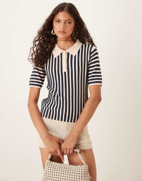 JDY stripe knitted polo in cream and navy - view 1