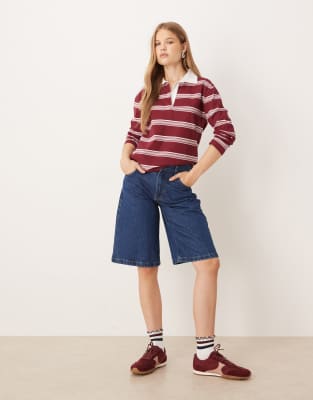 JDY JDY stripe long sleeve polo shirt in burgundy with white stripes-Red