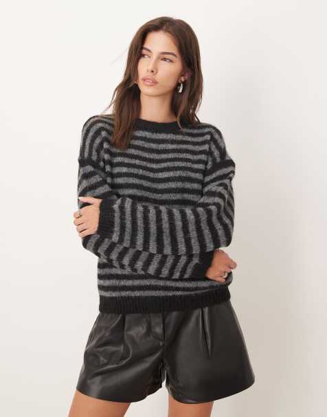 JDY stripe textured jumper in black - view 1