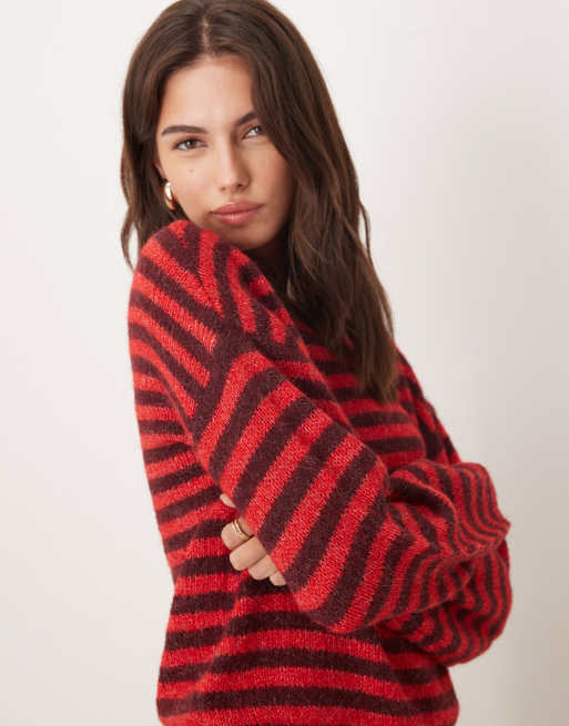 JDY stripe textured jumper in burgundy, 3 of 4