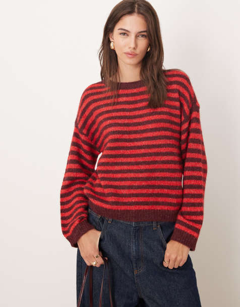 JDY striped textured sweater in burgundy - view 1