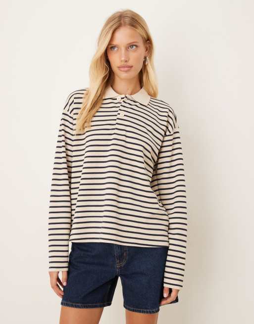 JDY stripes polo shirt in white & navy
