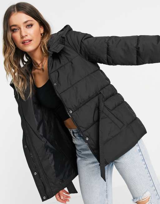 JDY sue short padded belted jacket in black ASOS