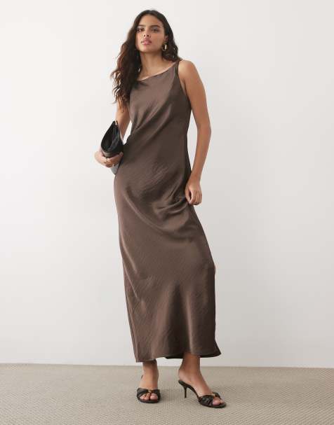 JDY high neck satin maxi dress in brown