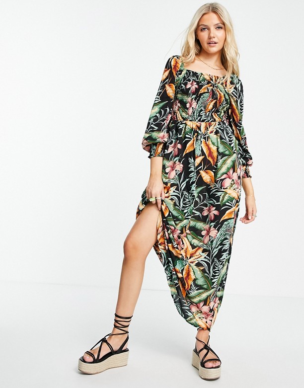  Kup Najnowsze JDY – Sukienka midaxi w tropikalny wzÓr z marszczoną gÓrą i bufkami Nadruk z motywem tropikalnym