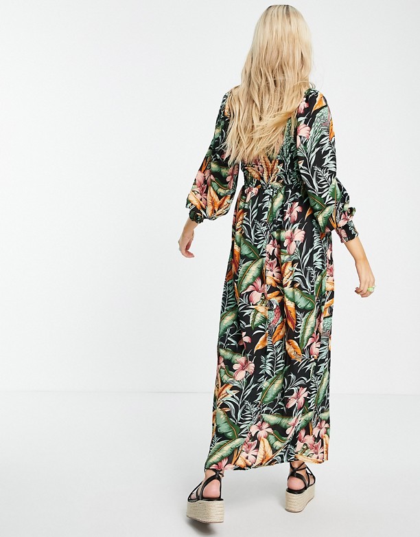  Kup Najnowsze JDY – Sukienka midaxi w tropikalny wzÓr z marszczoną gÓrą i bufkami Nadruk z motywem tropikalnym