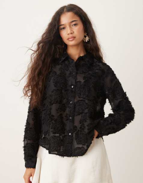 JDY – Svart, halvskir skjorta med blommiga, fransiga detaljer - view 1