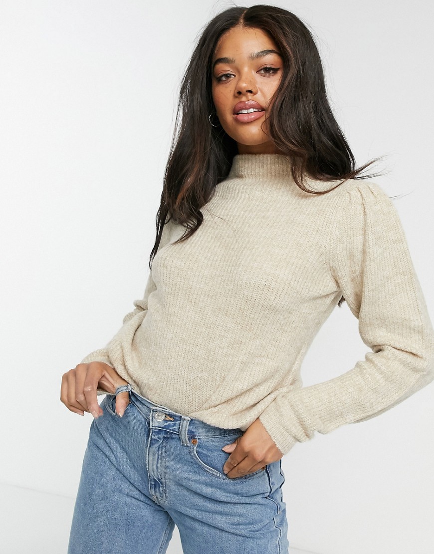 JDY sweater with high neck and shoulder details in beige-Neutral