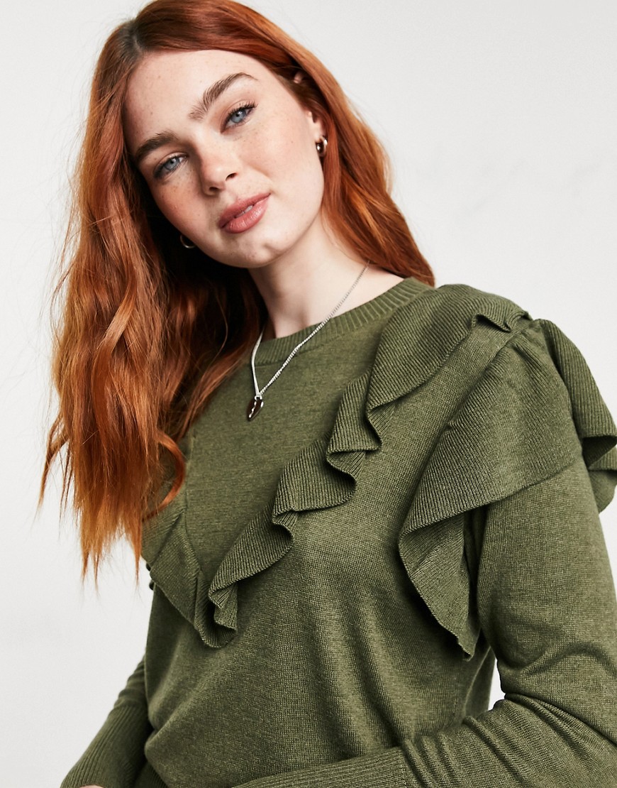 JDY sweater with ruffle detail in khaki-Green