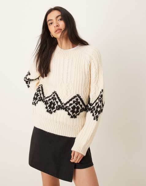 JDY oversized chunky knitted jumper with jacquared print in ecru