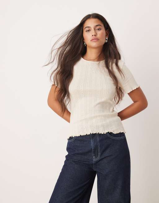 JDY - T-shirt à col rond et bords ondulés - Blanc
