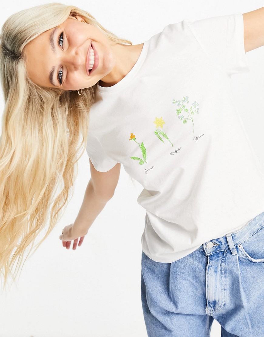 JDY – T-Shirt aus Bio-Baumwolle in Weiß mit Blumenmotiv günstig online kaufen