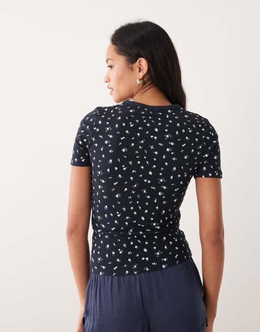 JDY - T-shirt blu a coste con stampa di fiori, 3 di 4
