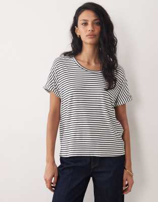 T-shirt doux au toucher à rayures - Bleu marine S