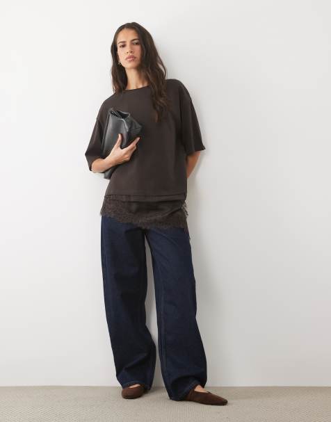 JDY t-shirt oversize avec détails en dentelle marron - view 1