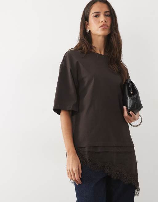 JDY T-shirt oversize con dettagli in pizzo marrone, 1 di 4