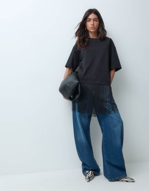 JDY t-shirt oversize con dettaglio frange nero, 1 di 5