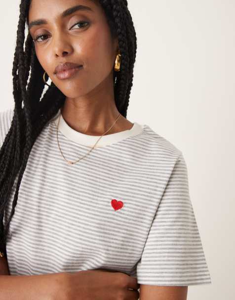 JDY - T-shirt rayé à imprimé cœur - Gris clair - view 1