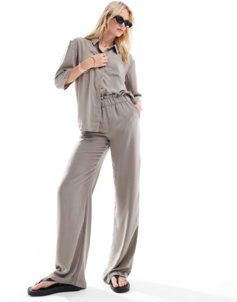 JDY Tall 3/4 sleeve loose shirt & trousers co-ord in taupe - view 1
