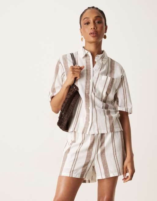 JDY Tall – Beige, randig skjorta i boxig passform, del av set