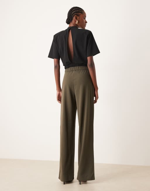 JDY Tall belt detail wide leg pants in khaki green, 4 of 5
