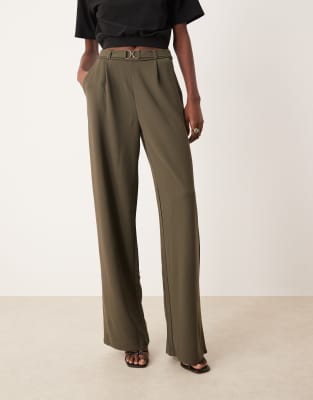 JDY Tall JDY Tall belt detail wide leg trousers in khaki-Green
