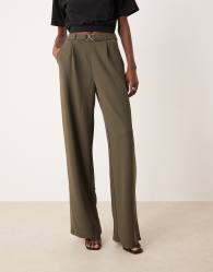 JDY Tall belt detail wide leg trousers in khaki