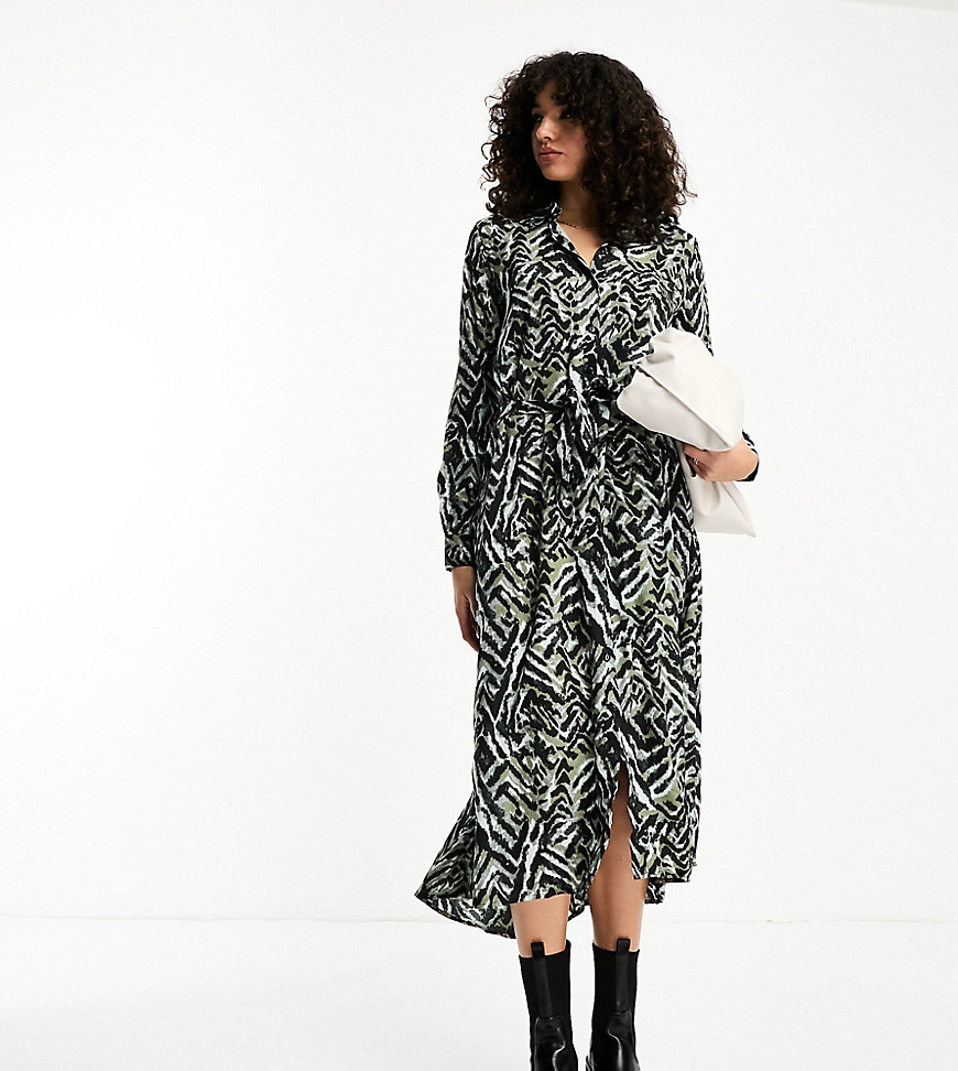 JDY Tall belted midi shirt dress In abstract animal print-Multi