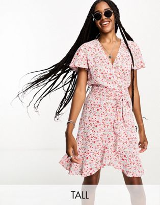 JDY Tall belted wrap mini dress in red and pink floral - ASOS Price Checker