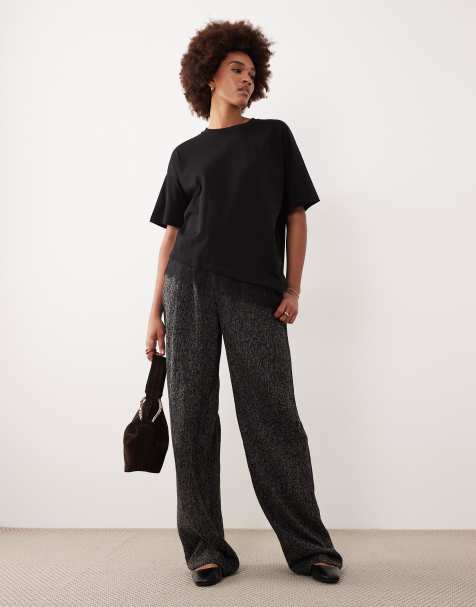 JDY Tall boucle wide leg trousers in black