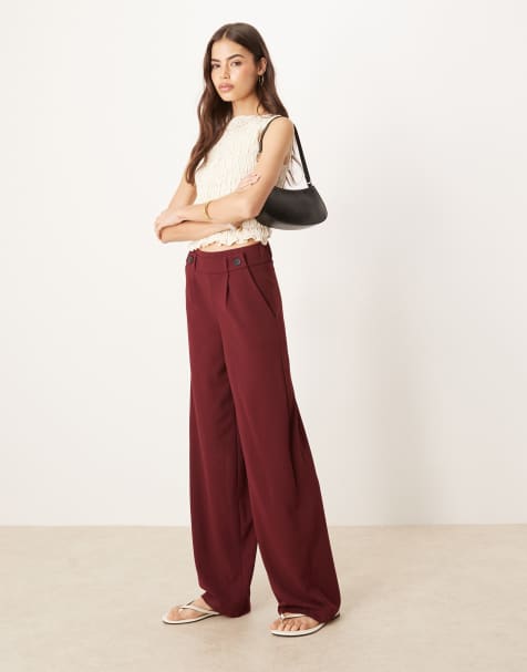 JDY Tall button detail wide leg dad pants in burgundy - view 1