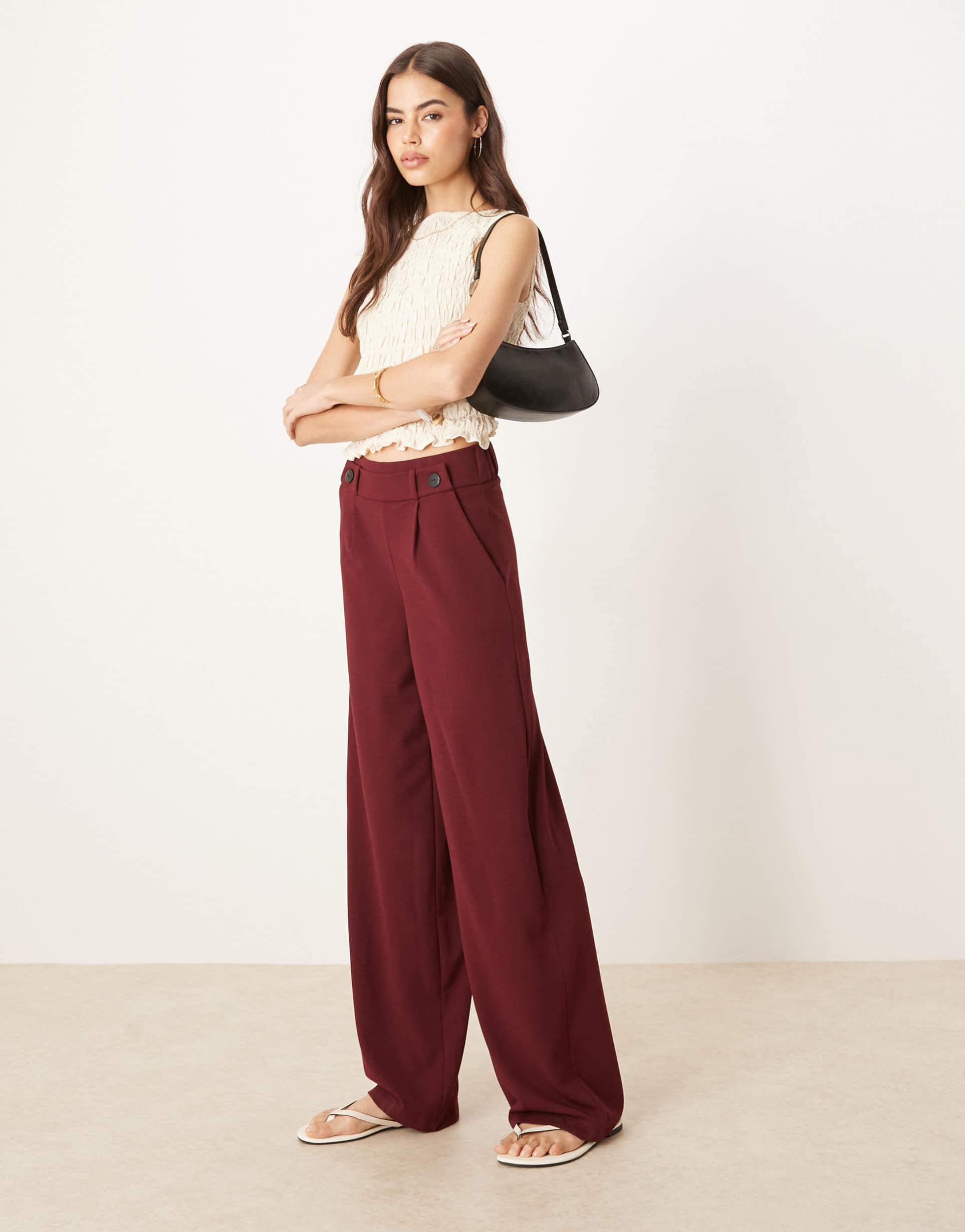 jdy tall button detail wide leg dad pants in burgundy
