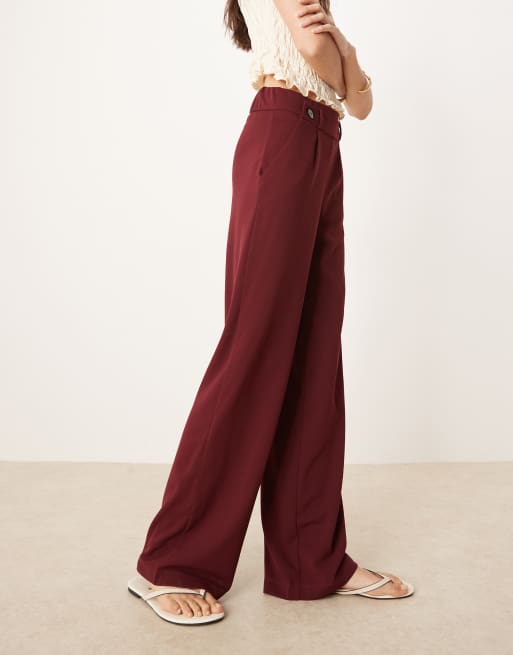 JDY Tall button detail wide leg dad pants in burgundy, 3 of 5