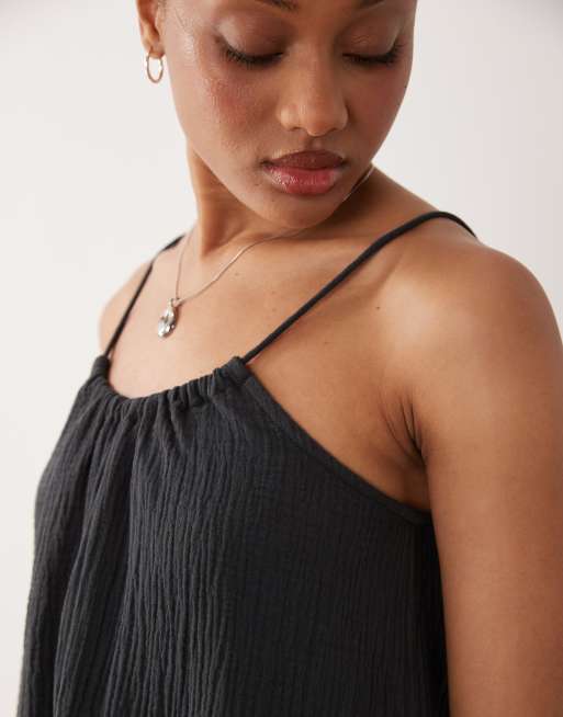JDY Tall cheesecloth sleeveless mini dress in washed black, 3 of 4